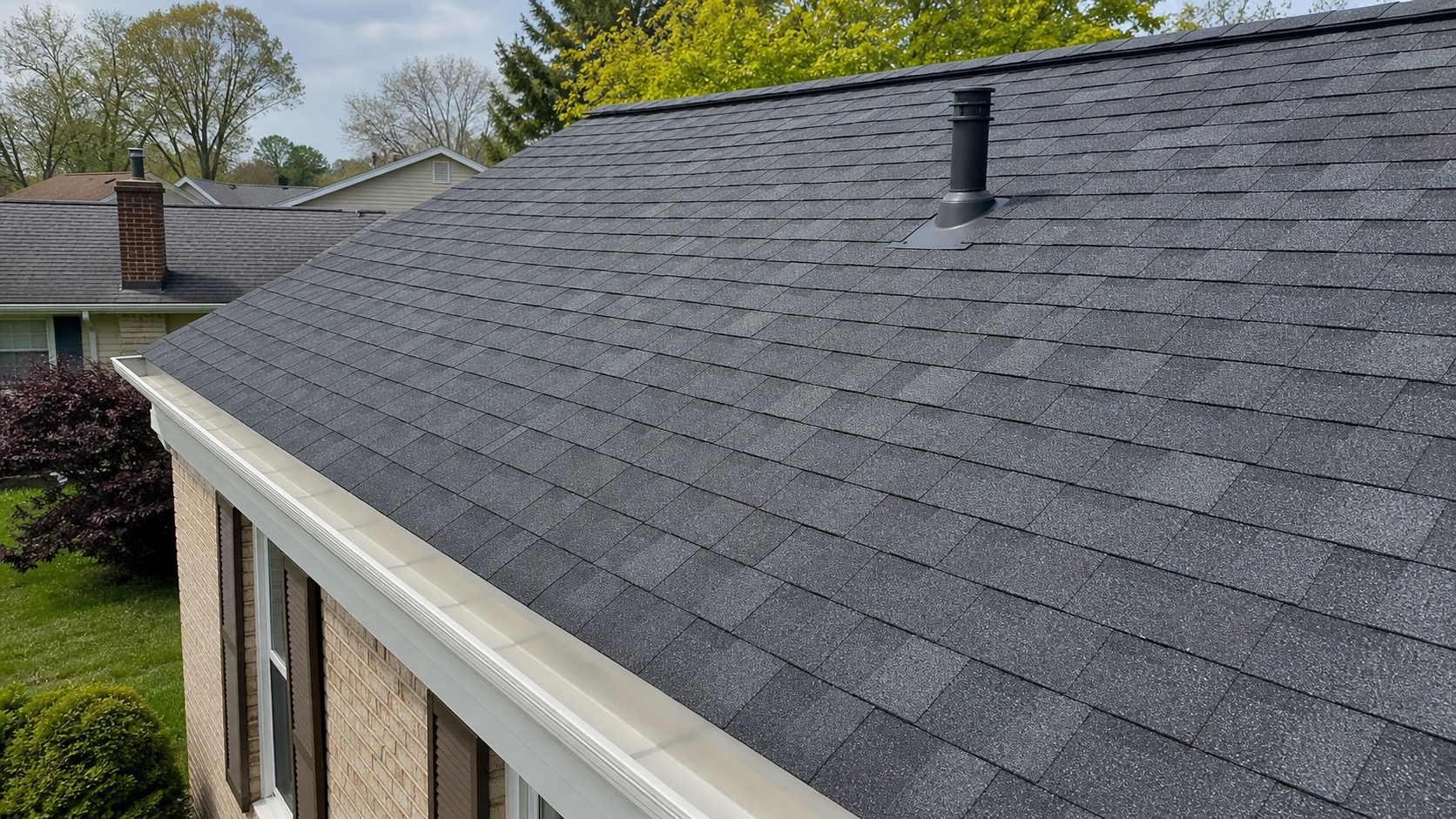 After photo showing clean finished asphalt shingles and repaired flashing