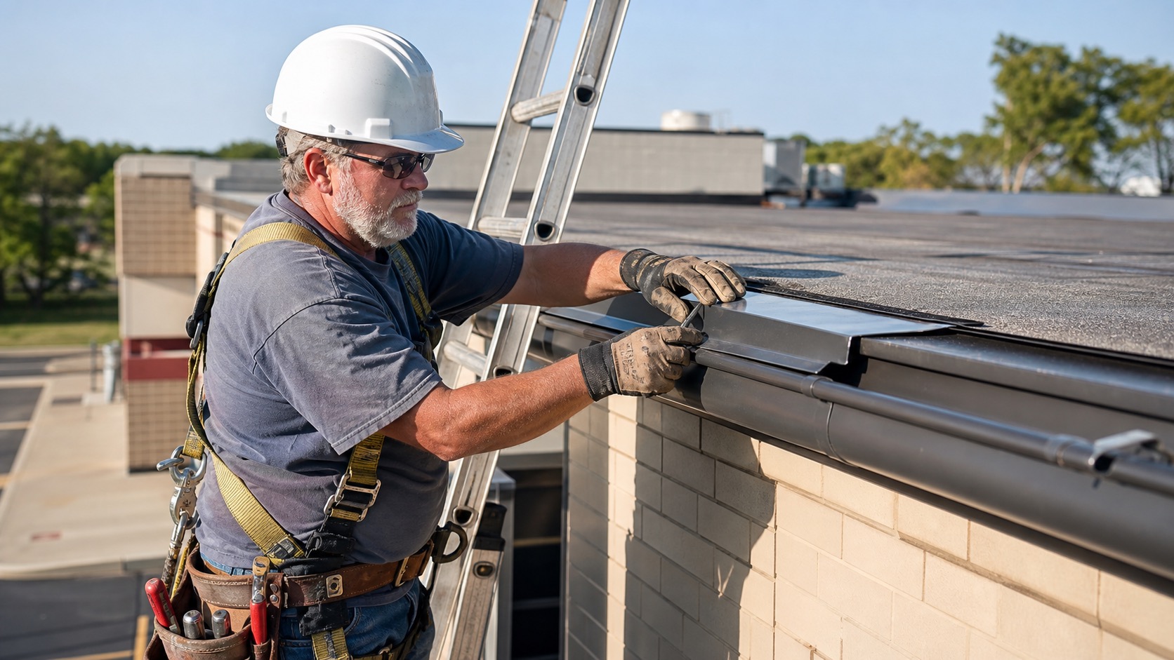 Roofer adjusting gutter and flashing on a small commercial roofline