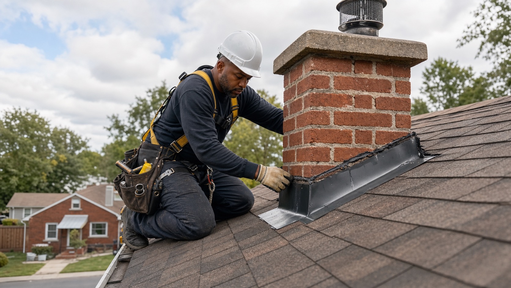Roofer repairing chimney flashing on a brick bungalow roof