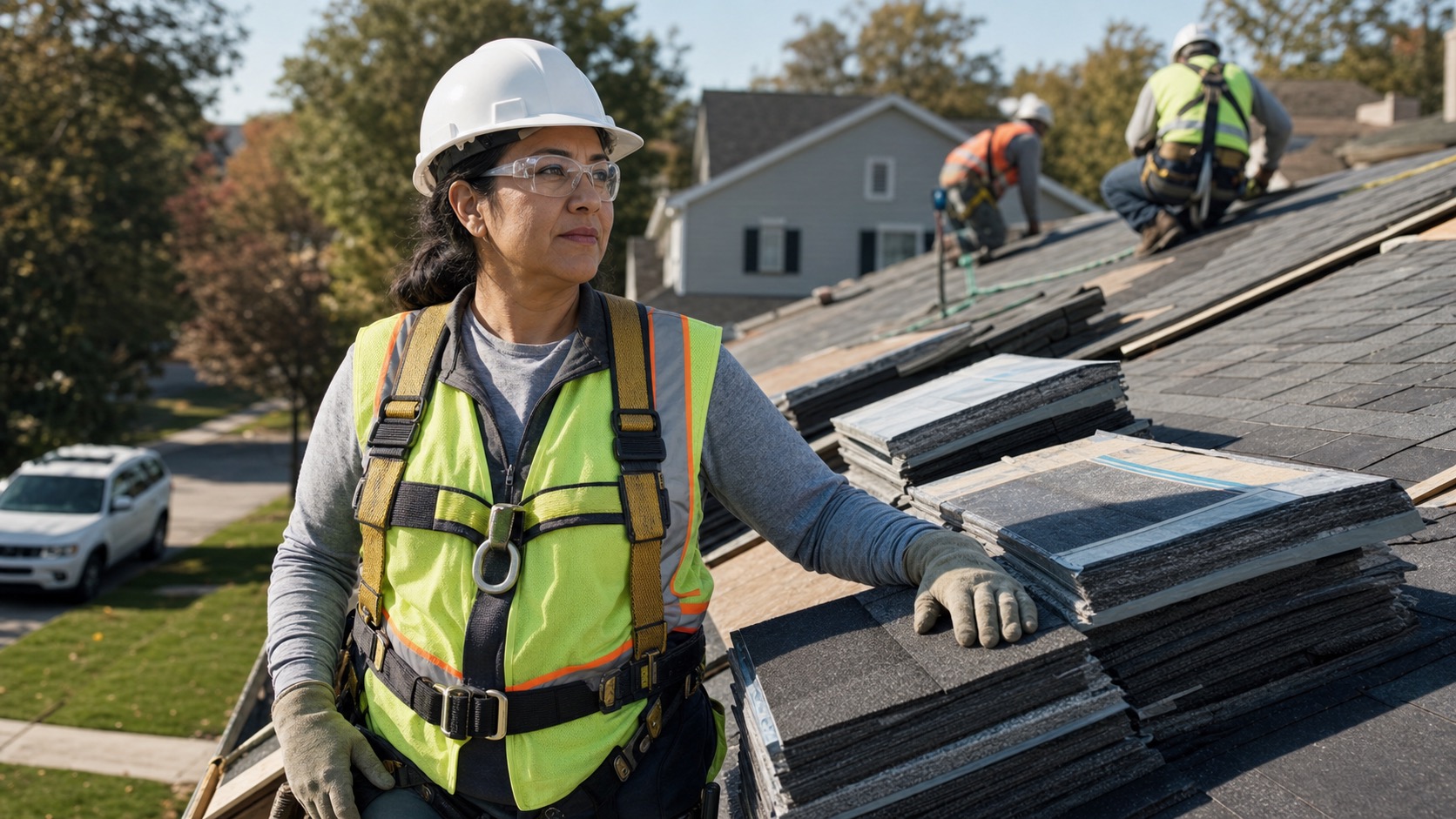 Roofing crew lead reviewing asphalt shingle replacement work