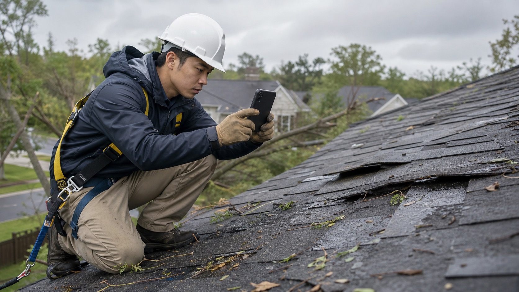 Roofer documenting lifted shingles after rain and wind